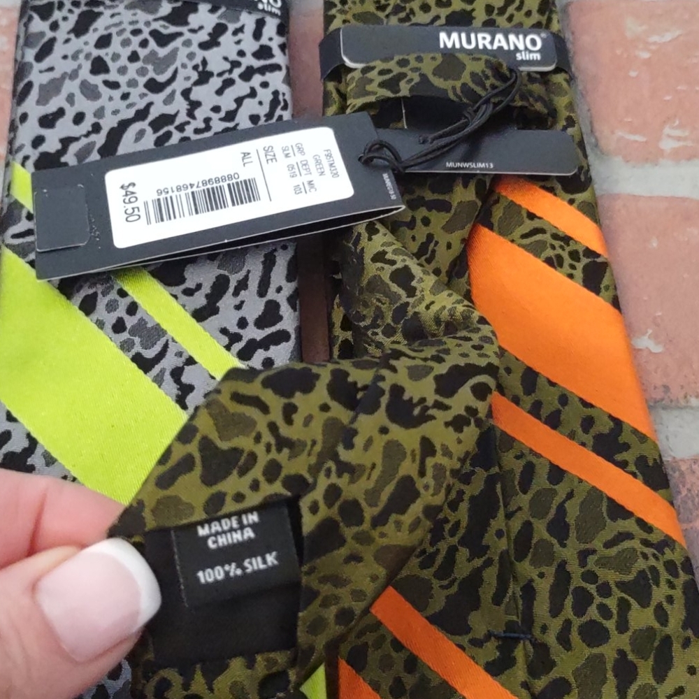 Murano Camouflage Slim Neon Green Orange Retro LOT OF 2 SILK TIES Murano $99 NEW - Picture 3 of 6
